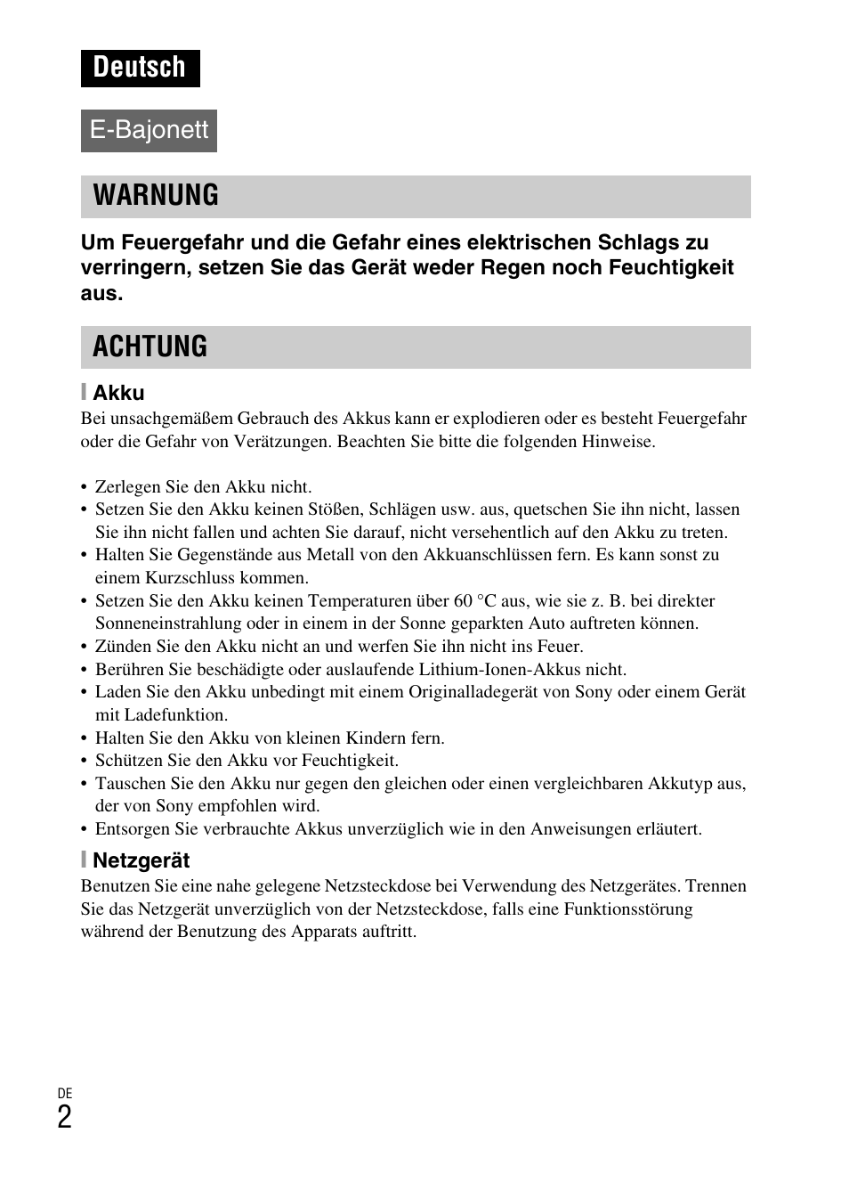 Deutsch, Warnung achtung, E-bajonett | Sony ILCE-3000 User Manual | Page 116 / 579