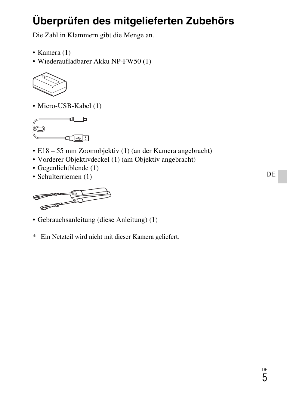 Vorbereitung der kamera, Überprüfen des mitgelieferten zubehörs | Sony ILCE-3000 User Manual | Page 119 / 579
