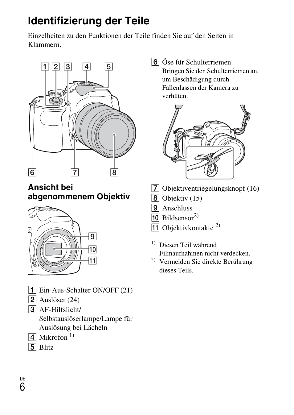 Identifizierung der teile, 6identifizierung der teile, Ansicht bei abgenommenem objektiv | Sony ILCE-3000 User Manual | Page 120 / 579