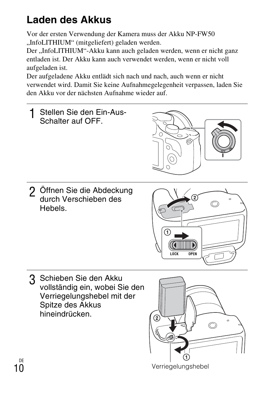 Laden des akkus | Sony ILCE-3000 User Manual | Page 124 / 579