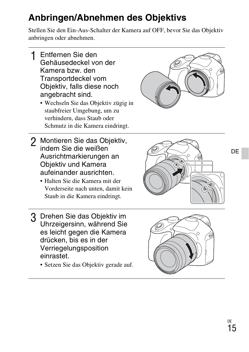 Anbringen/abnehmen des objektivs | Sony ILCE-3000 User Manual | Page 129 / 579