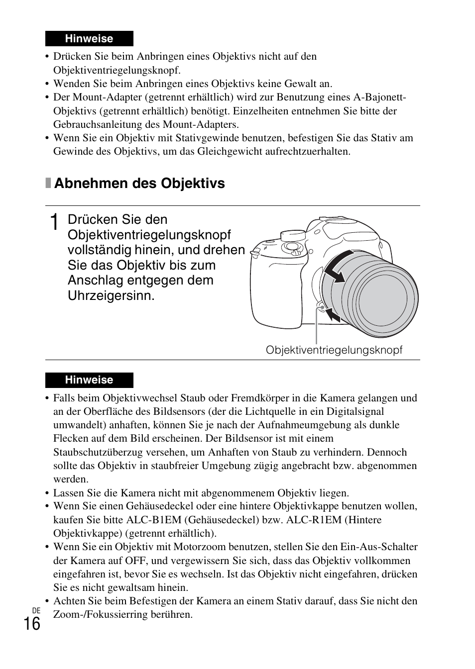 Xabnehmen des objektivs | Sony ILCE-3000 User Manual | Page 130 / 579