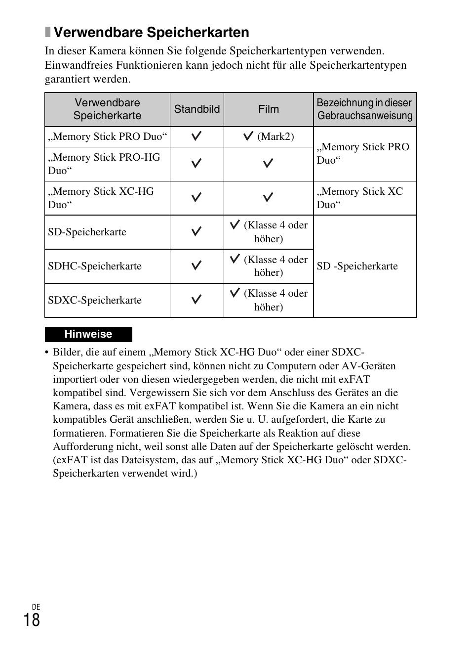 Xverwendbare speicherkarten | Sony ILCE-3000 User Manual | Page 132 / 579