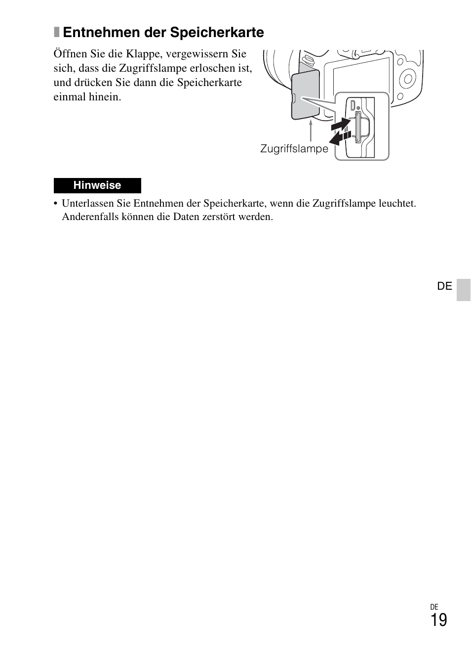 Xentnehmen der speicherkarte | Sony ILCE-3000 User Manual | Page 133 / 579
