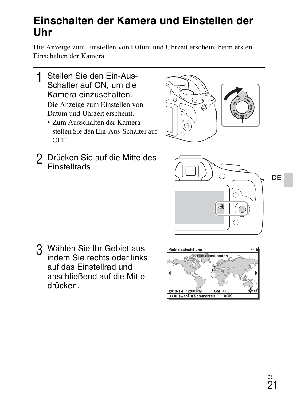 Einschalten der kamera und einstellen der uhr | Sony ILCE-3000 User Manual | Page 135 / 579