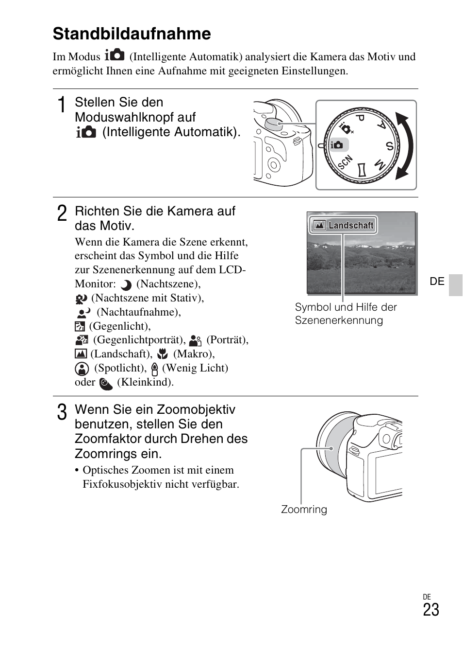 Beherrschen der grundfunktionen, Standbildaufnahme | Sony ILCE-3000 User Manual | Page 137 / 579