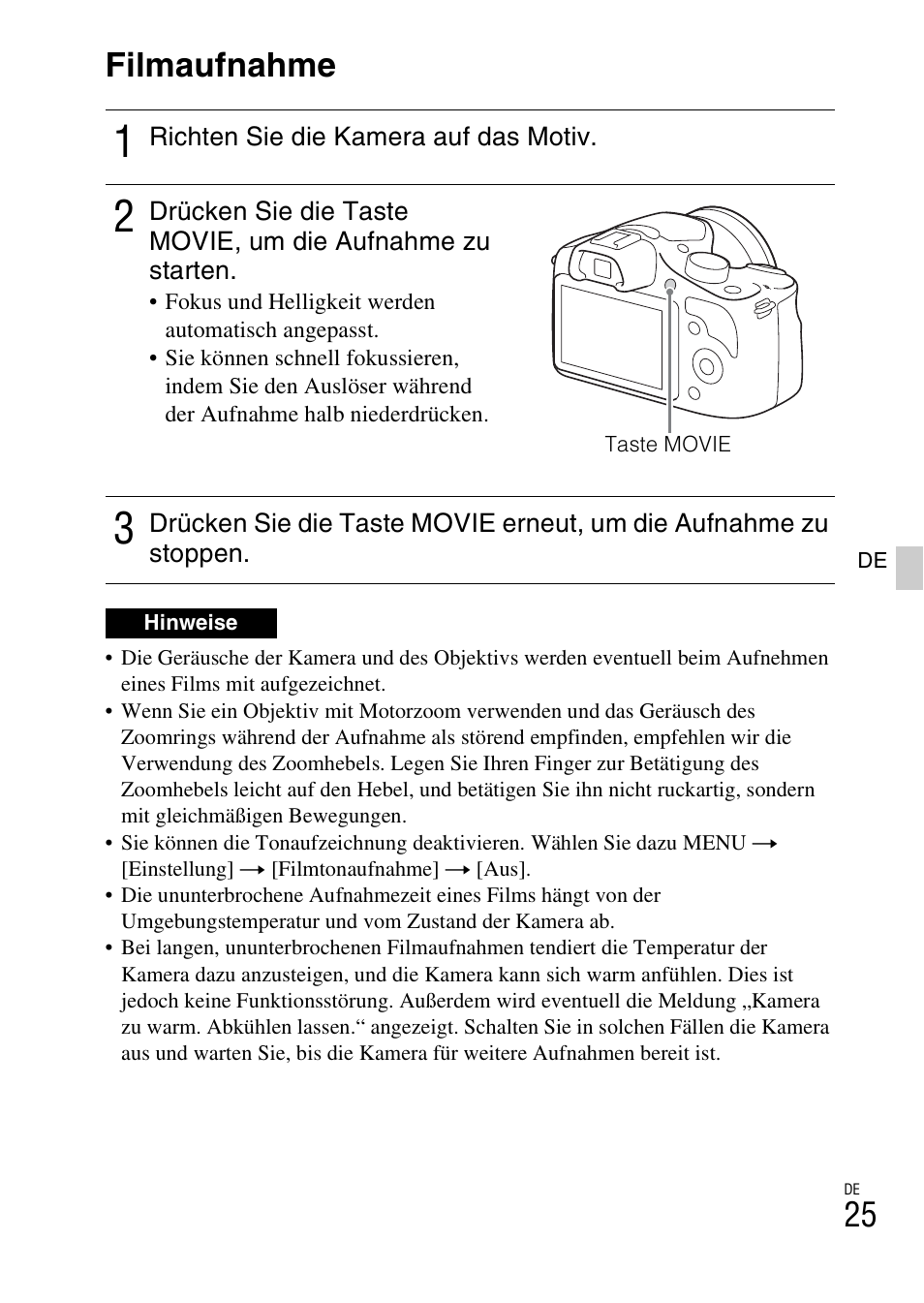 Filmaufnahme, Movie (25) | Sony ILCE-3000 User Manual | Page 139 / 579