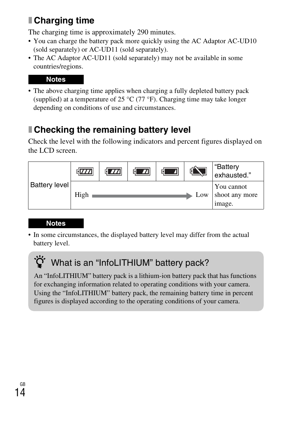 Xcharging time, Xchecking the remaining battery level, What is an “infolithium” battery pack | Sony ILCE-3000 User Manual | Page 14 / 579