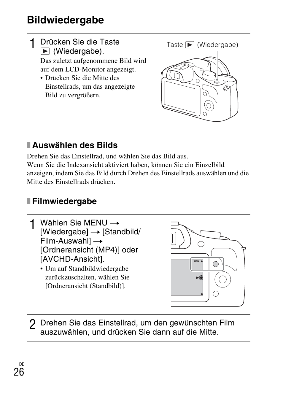 Bildwiedergabe, E) (26, 26 bildwiedergabe | Sony ILCE-3000 User Manual | Page 140 / 579