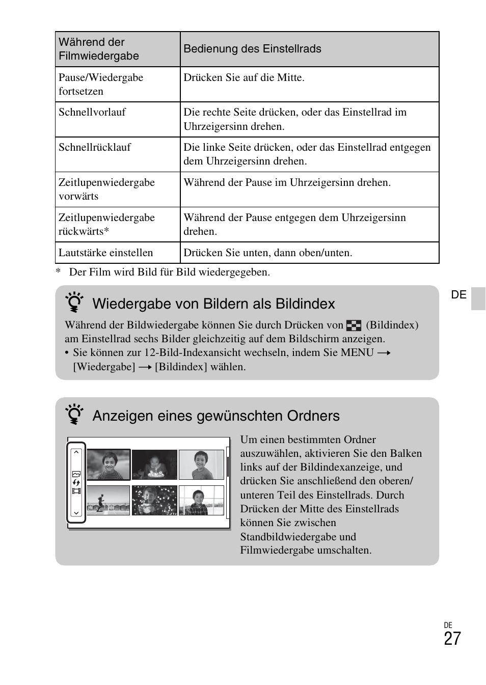 Wiedergabe von bildern als bildindex, Anzeigen eines gewünschten ordners | Sony ILCE-3000 User Manual | Page 141 / 579
