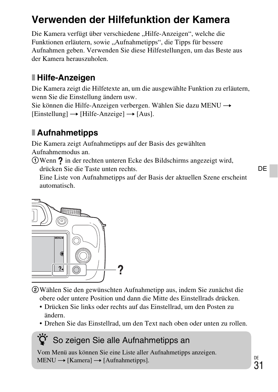 Verwenden der hilfefunktion der kamera | Sony ILCE-3000 User Manual | Page 145 / 579