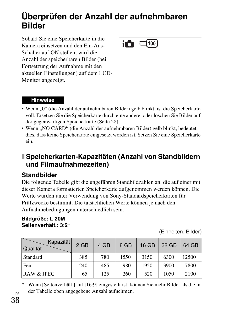 Sonstiges, Überprüfen der anzahl der aufnehmbaren bilder, Standbilder | Sony ILCE-3000 User Manual | Page 152 / 579