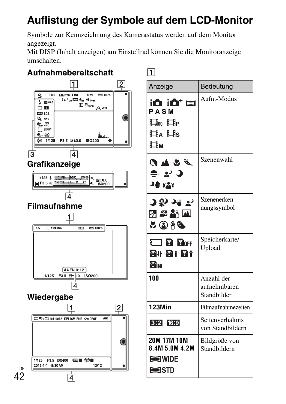 Auflistung der symbole auf dem lcd-monitor, 42 auflistung der symbole auf dem lcd-monitor | Sony ILCE-3000 User Manual | Page 156 / 579
