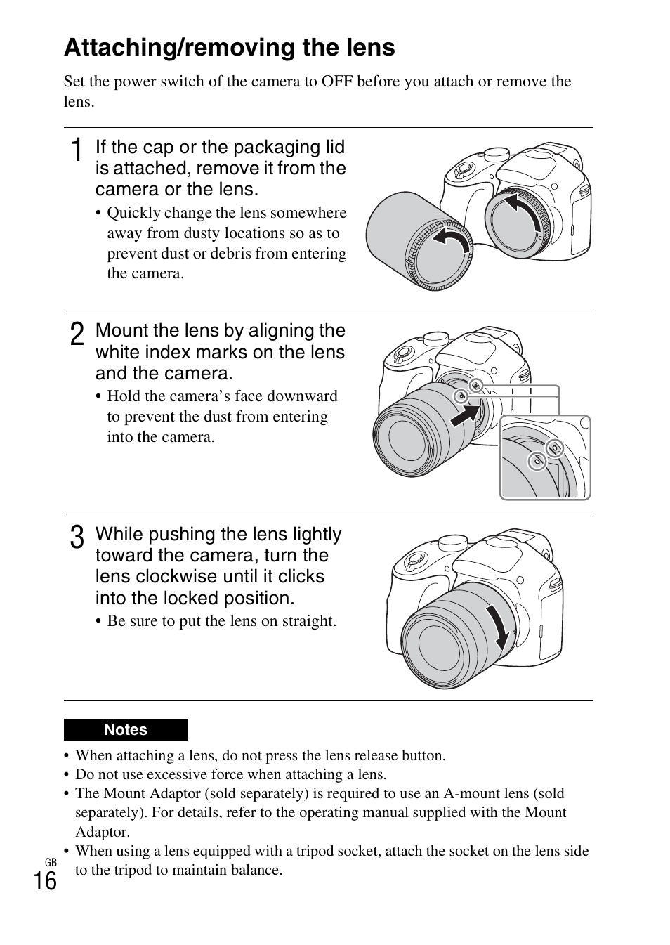 Attaching/removing the lens, 16 attaching/removing the lens | Sony ILCE-3000 User Manual | Page 16 / 579