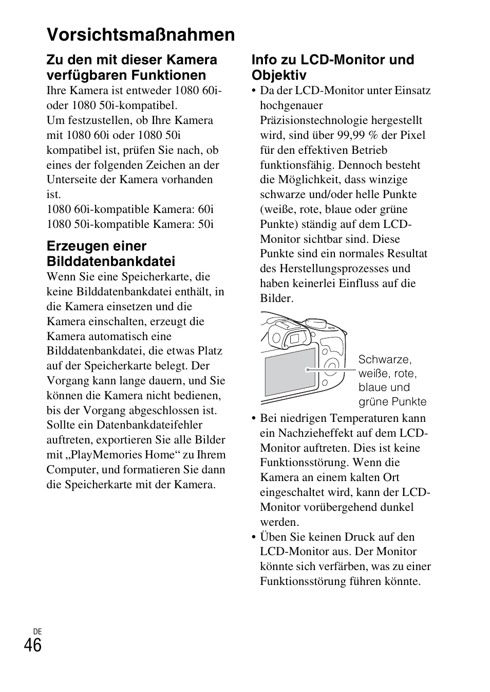 Vorsichtsmaßnahmen, 46 vorsichtsmaßnahmen | Sony ILCE-3000 User Manual | Page 160 / 579