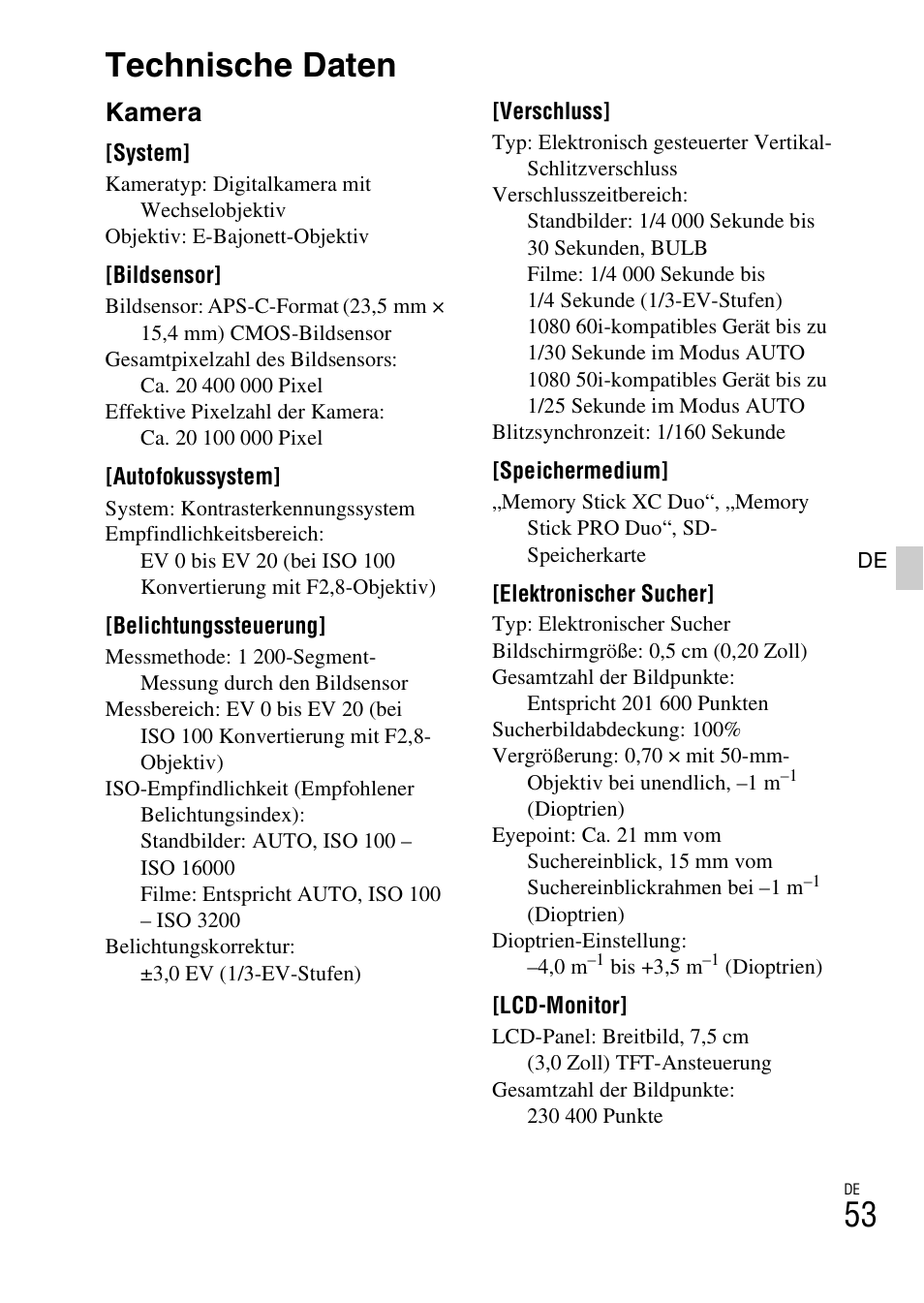 Technische daten, Kamera | Sony ILCE-3000 User Manual | Page 167 / 579