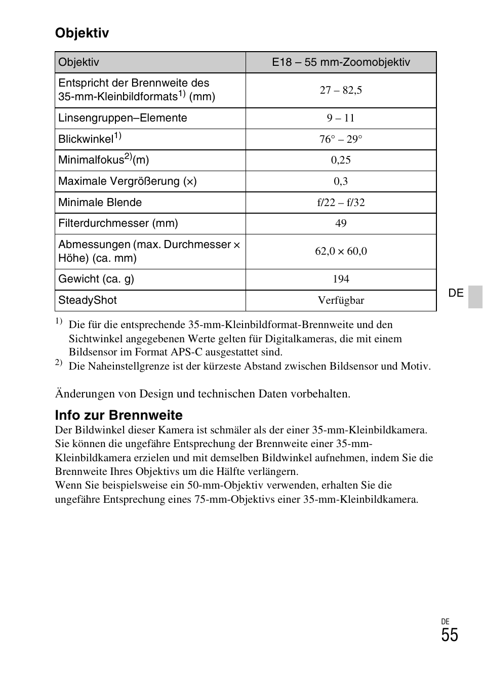 Objektiv, Info zur brennweite | Sony ILCE-3000 User Manual | Page 169 / 579