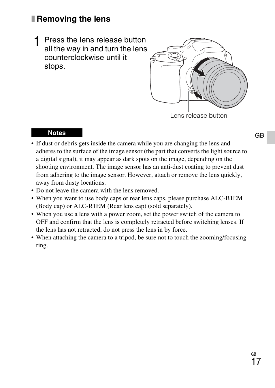 Xremoving the lens | Sony ILCE-3000 User Manual | Page 17 / 579