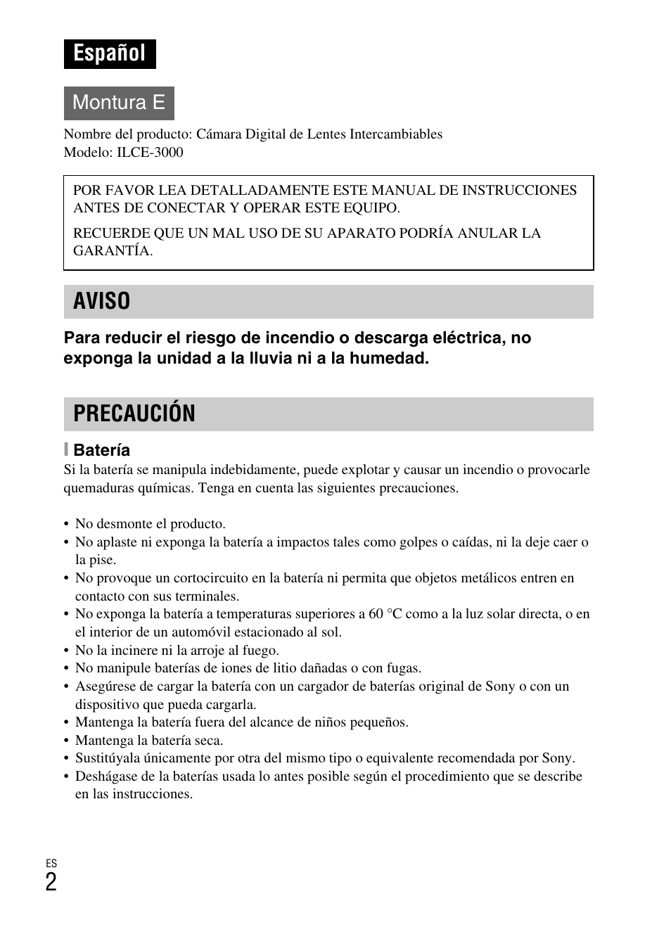 Español, Aviso precaución, Montura e | Sony ILCE-3000 User Manual | Page 172 / 579