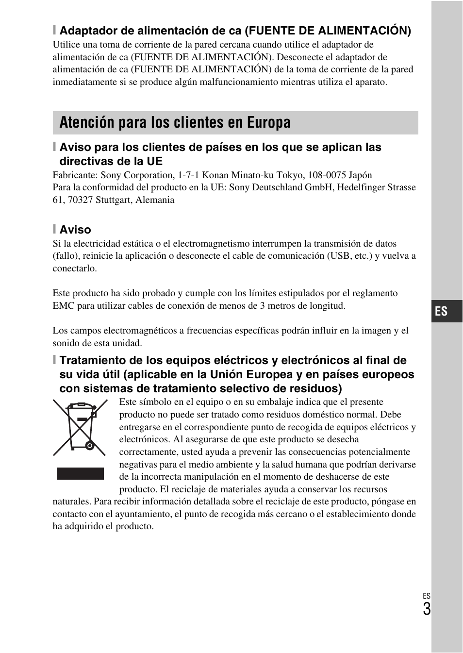 Atención para los clientes en europa | Sony ILCE-3000 User Manual | Page 173 / 579