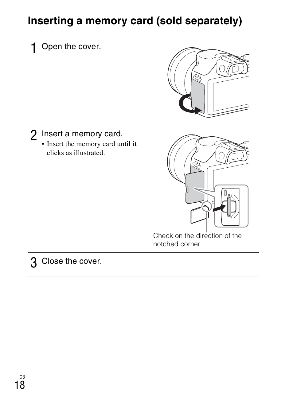 Inserting a memory card (sold separately) | Sony ILCE-3000 User Manual | Page 18 / 579