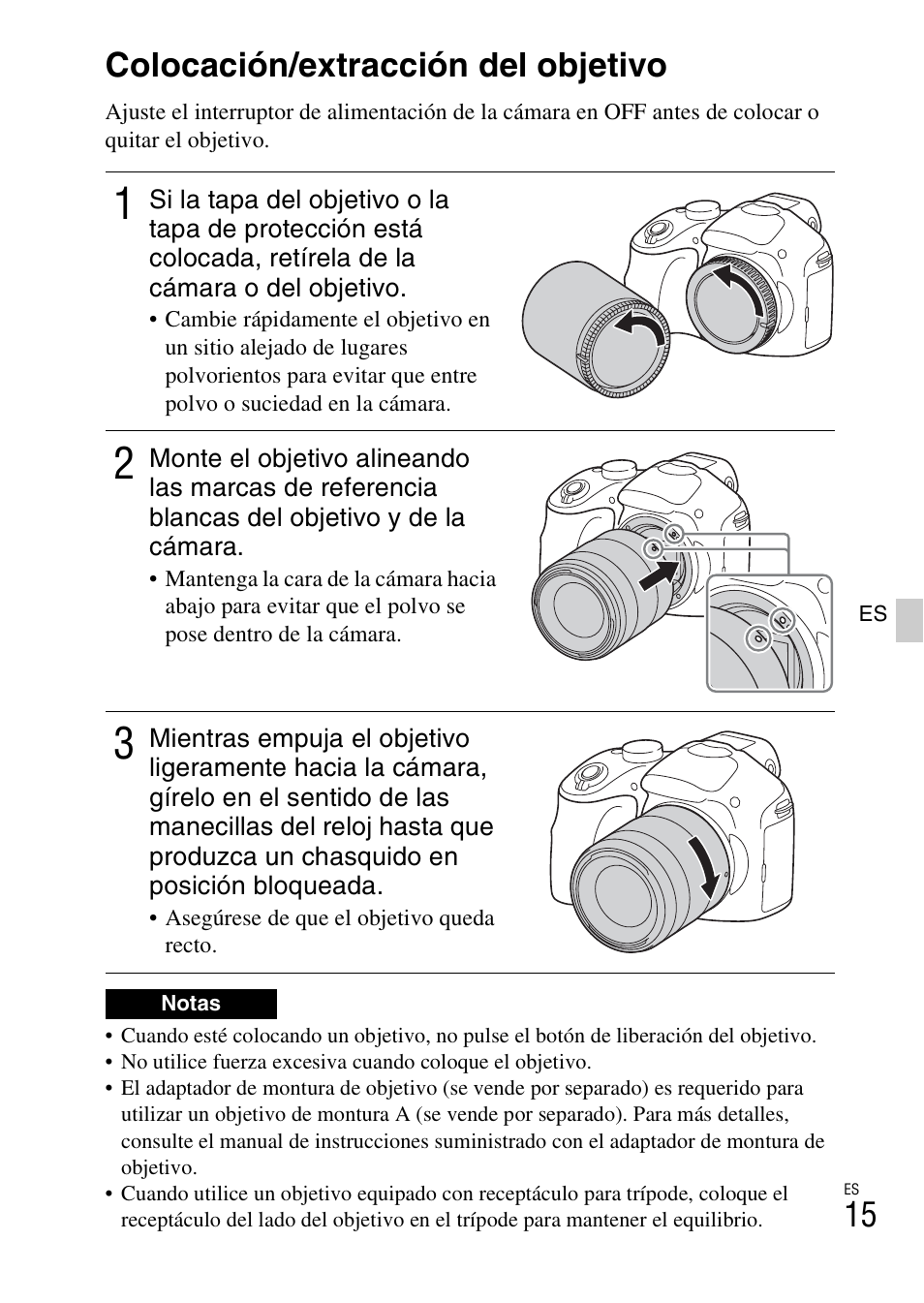 Colocación/extracción del objetivo | Sony ILCE-3000 User Manual | Page 185 / 579