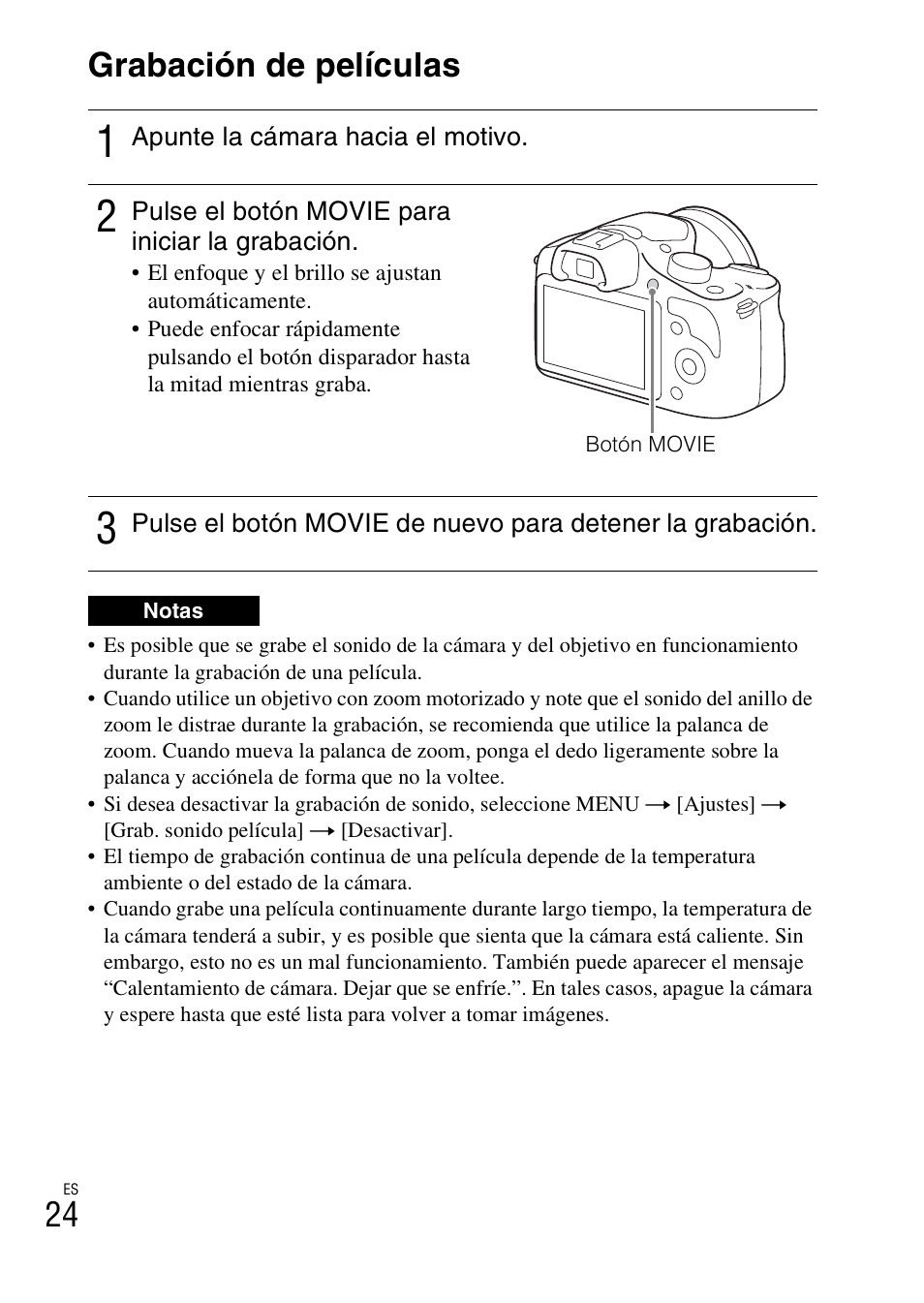 Grabación de películas, 24 grabación de películas | Sony ILCE-3000 User Manual | Page 194 / 579