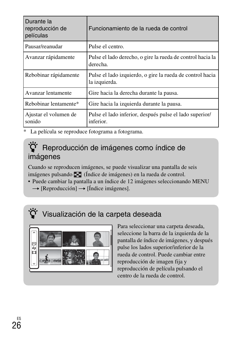 Reproducción de imágenes como índice de imágenes, Visualización de la carpeta deseada | Sony ILCE-3000 User Manual | Page 196 / 579