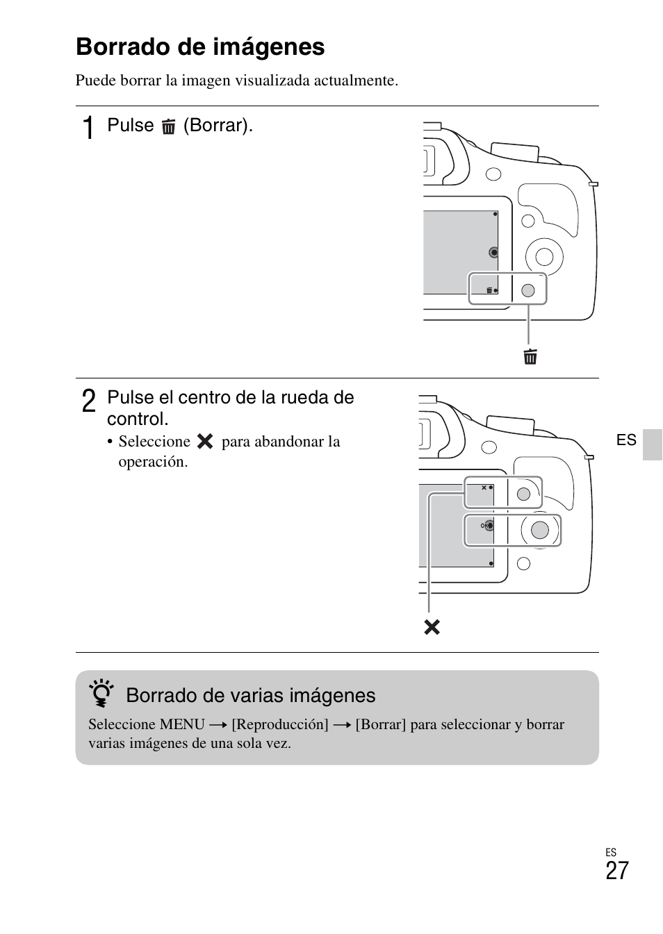 Borrado de imágenes | Sony ILCE-3000 User Manual | Page 197 / 579