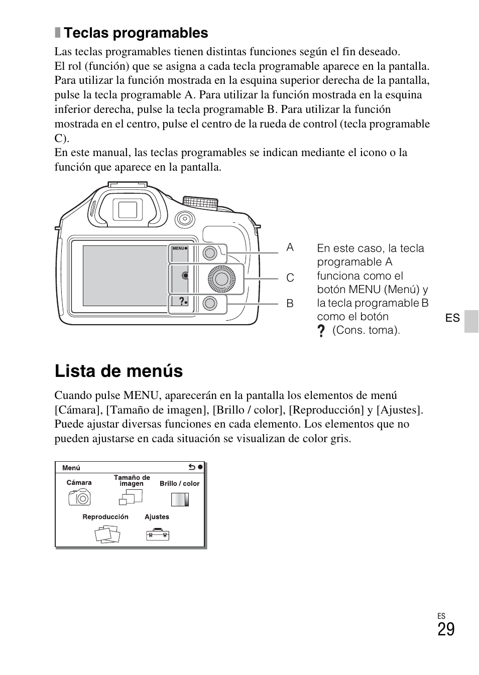 Lista de menús, A (29), Xteclas programables | Sony ILCE-3000 User Manual | Page 199 / 579