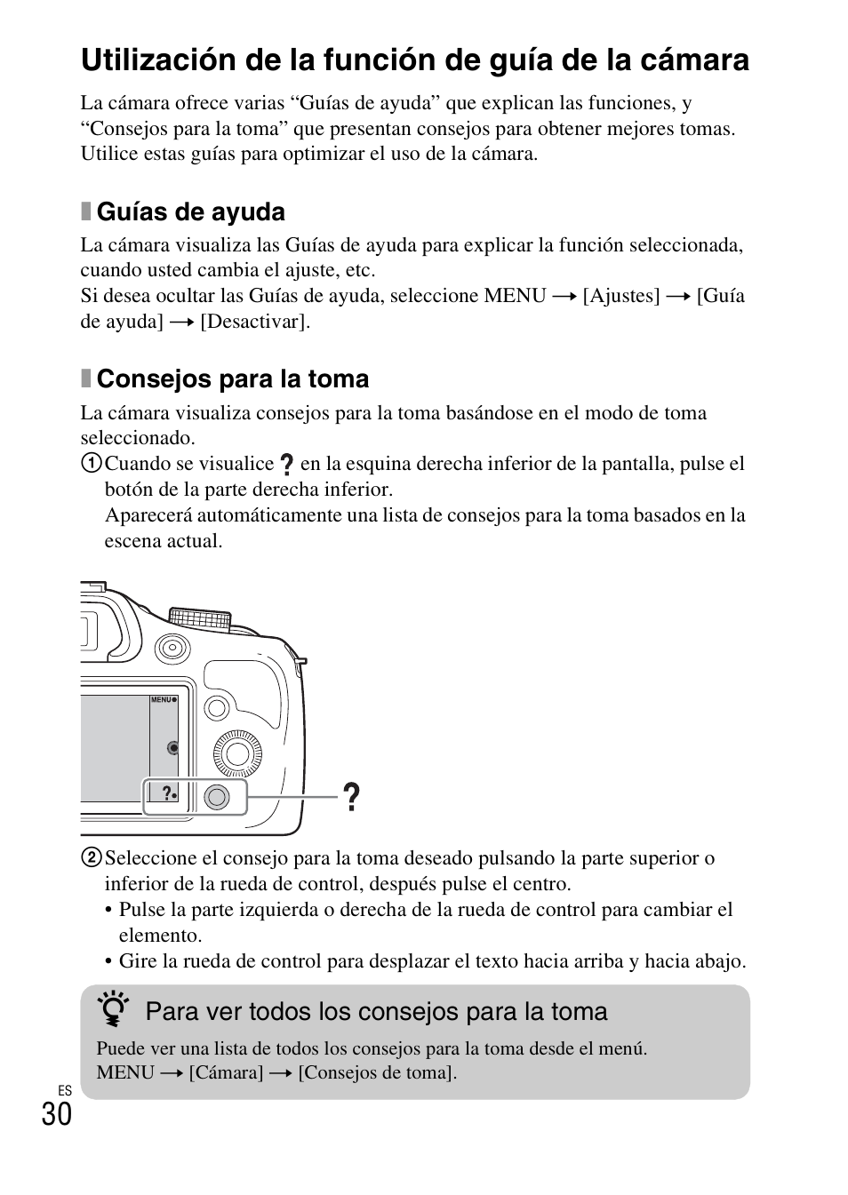 Utilización de la función de guía de la cámara, 30 utilización de la función de guía de la cámara | Sony ILCE-3000 User Manual | Page 200 / 579
