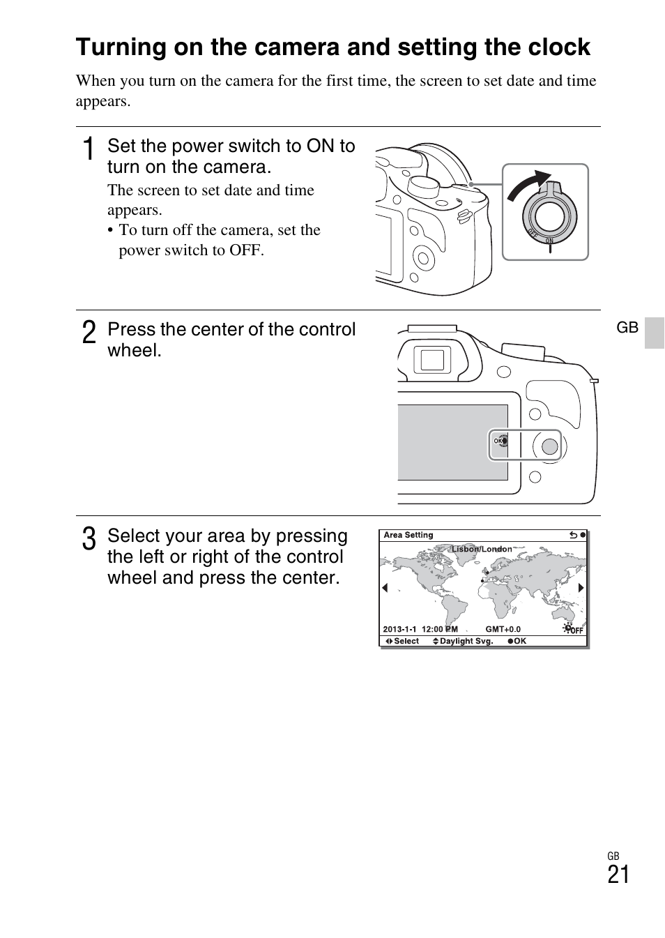 Turning on the camera and setting the clock | Sony ILCE-3000 User Manual | Page 21 / 579