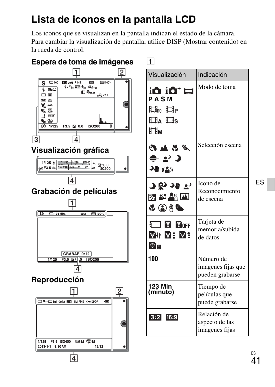 Lista de iconos en la pantalla lcd | Sony ILCE-3000 User Manual | Page 211 / 579