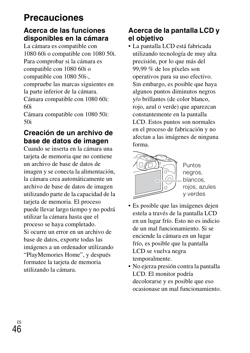 Precauciones, 46 precauciones | Sony ILCE-3000 User Manual | Page 216 / 579