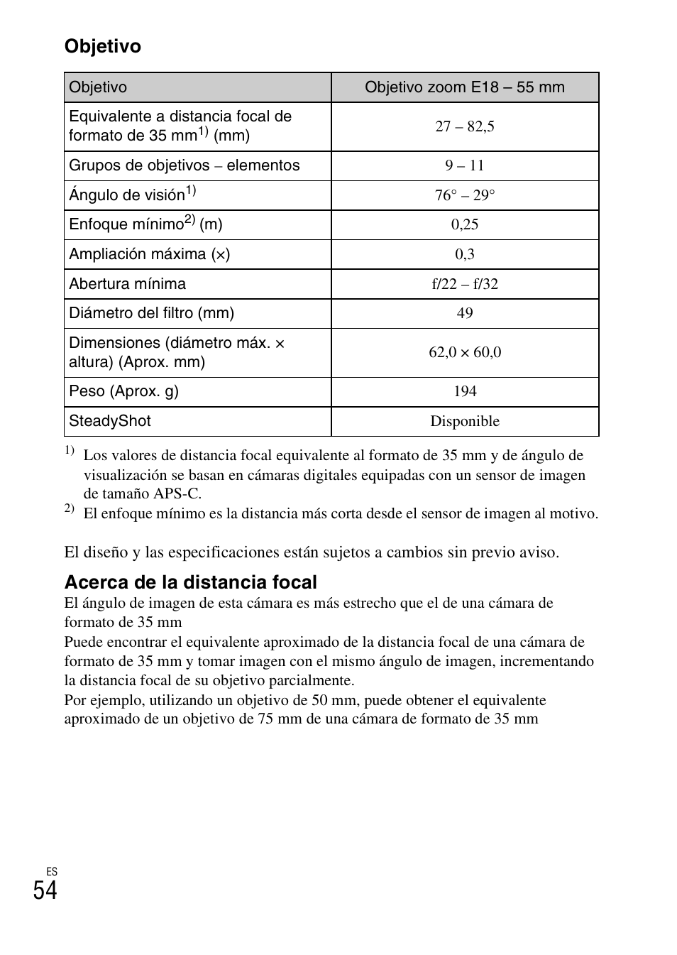Objetivo, Acerca de la distancia focal | Sony ILCE-3000 User Manual | Page 224 / 579