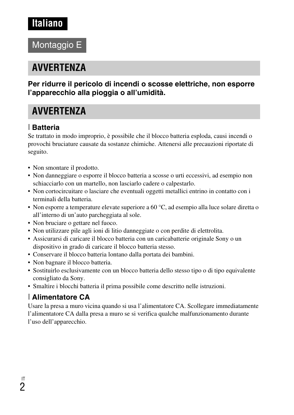 Italiano, Avvertenza, Montaggio e | Sony ILCE-3000 User Manual | Page 228 / 579
