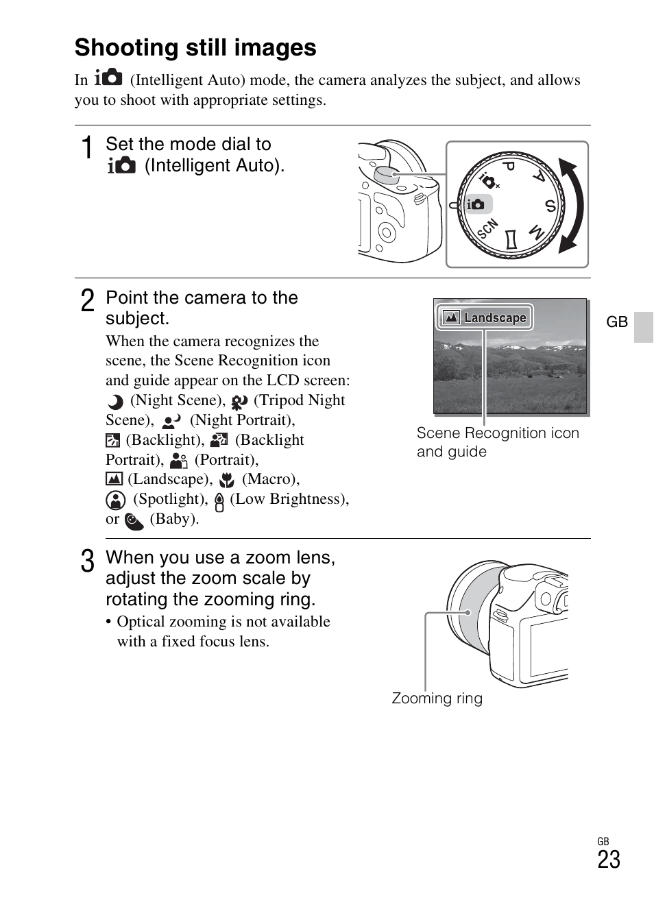 Mastering the basic operation, Shooting still images | Sony ILCE-3000 User Manual | Page 23 / 579