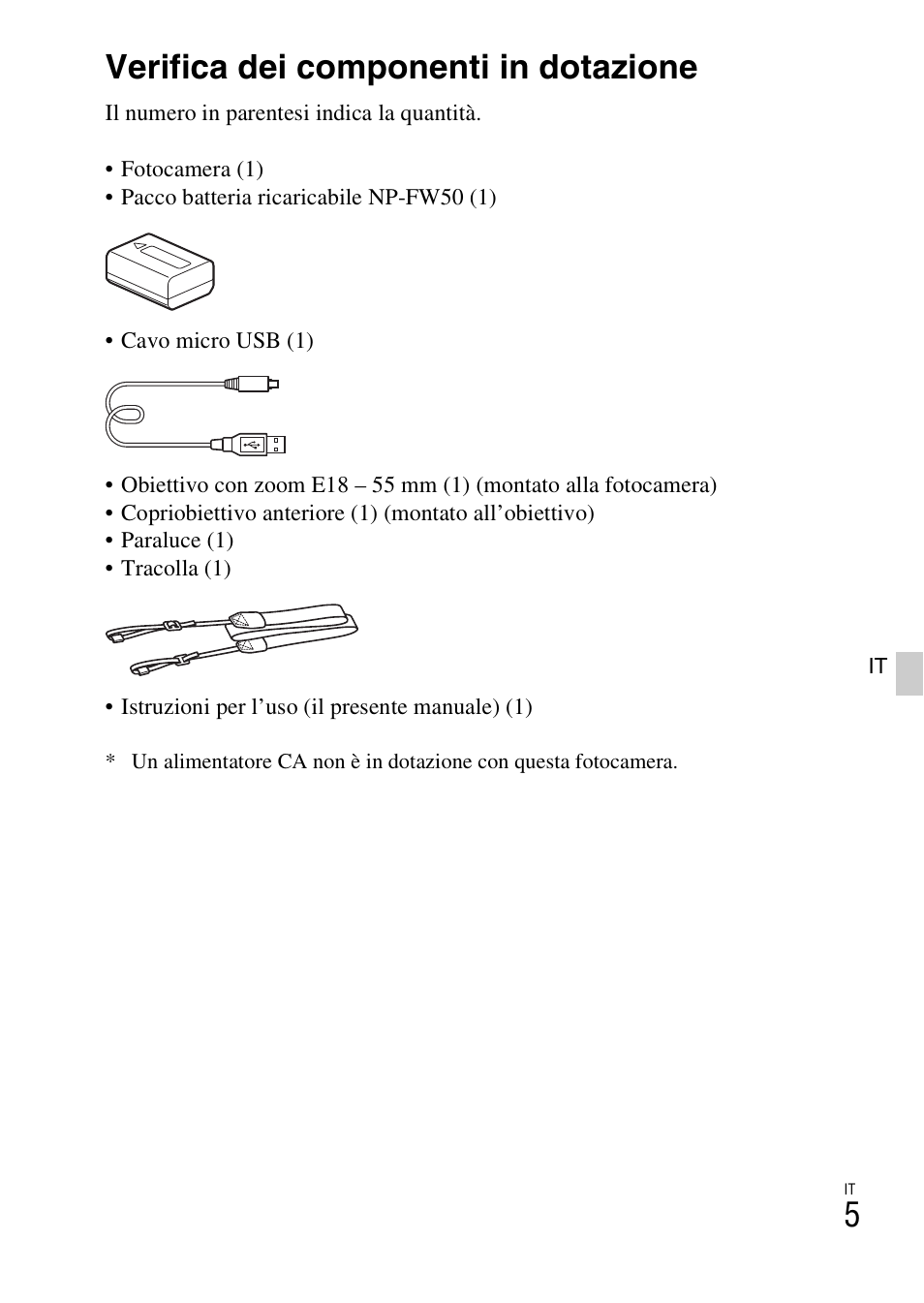 Preparazione della fotocamera, Verifica dei componenti in dotazione | Sony ILCE-3000 User Manual | Page 231 / 579