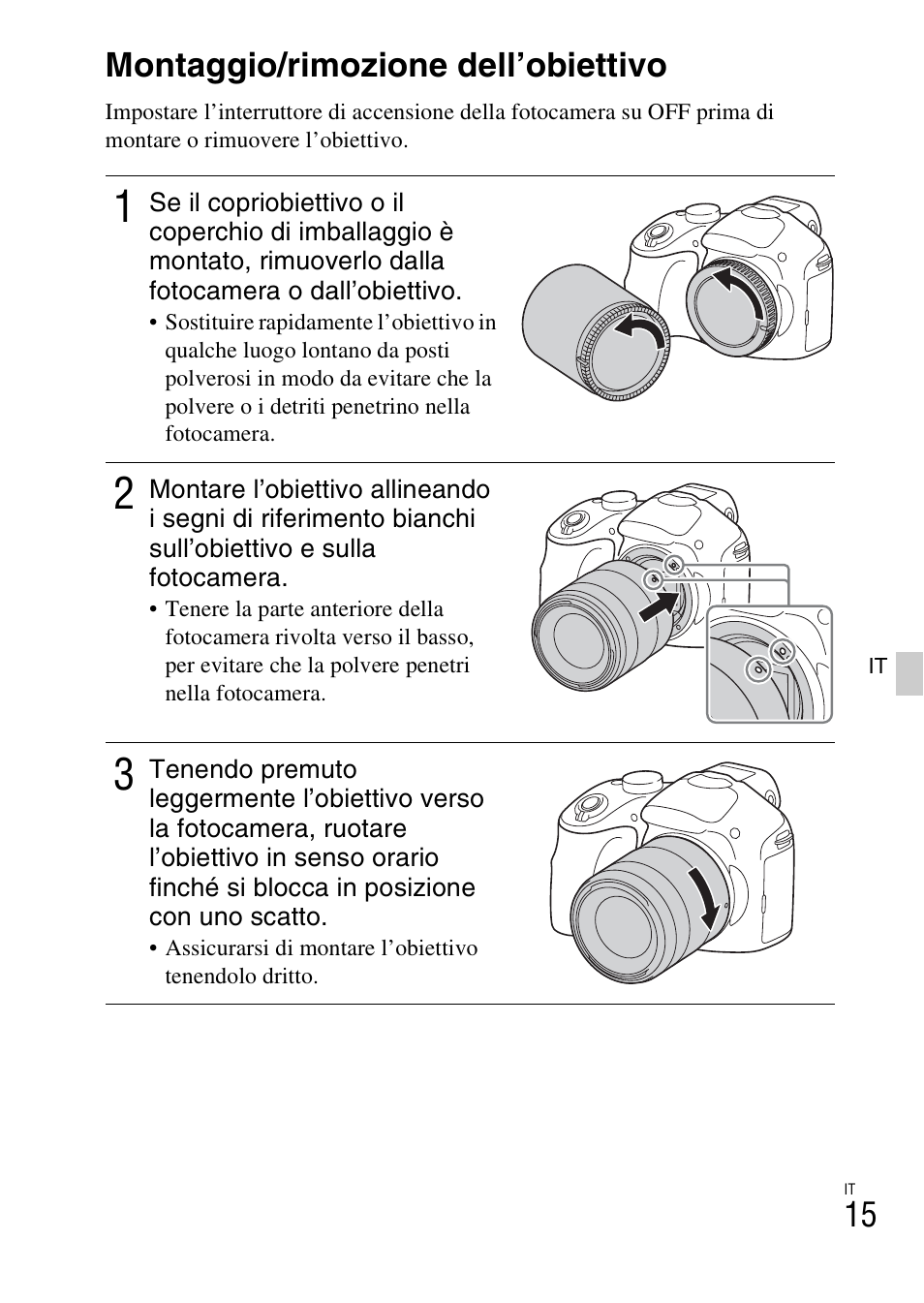 Montaggio/rimozione dell’obiettivo | Sony ILCE-3000 User Manual | Page 241 / 579