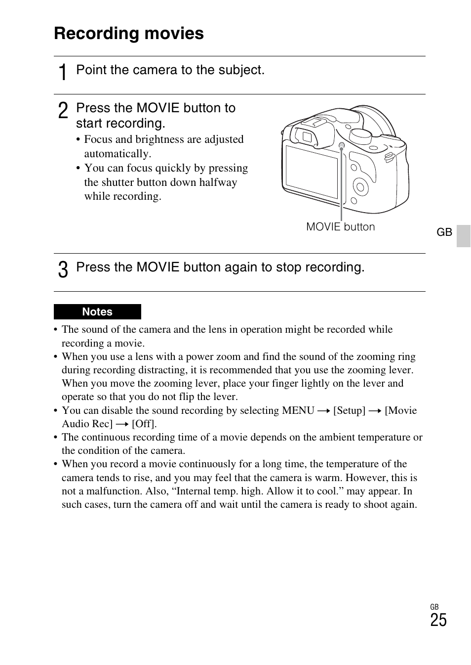 Recording movies, On (25) | Sony ILCE-3000 User Manual | Page 25 / 579