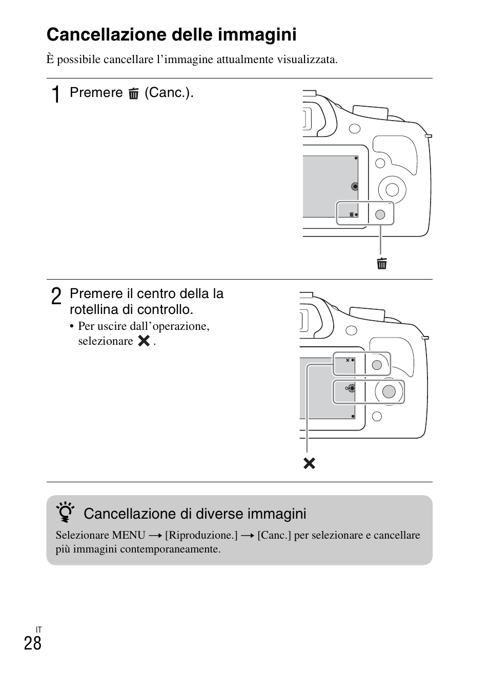 Cancellazione delle immagini, 28 cancellazione delle immagini | Sony ILCE-3000 User Manual | Page 254 / 579