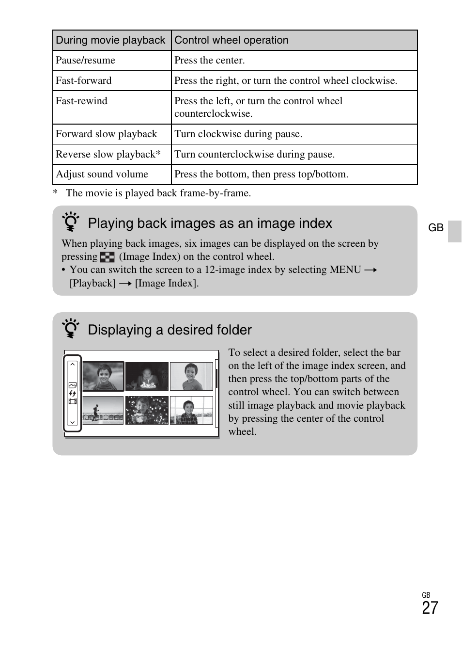 Playing back images as an image index, Displaying a desired folder | Sony ILCE-3000 User Manual | Page 27 / 579