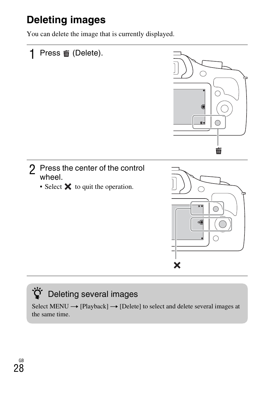 Deleting images, 28 deleting images | Sony ILCE-3000 User Manual | Page 28 / 579