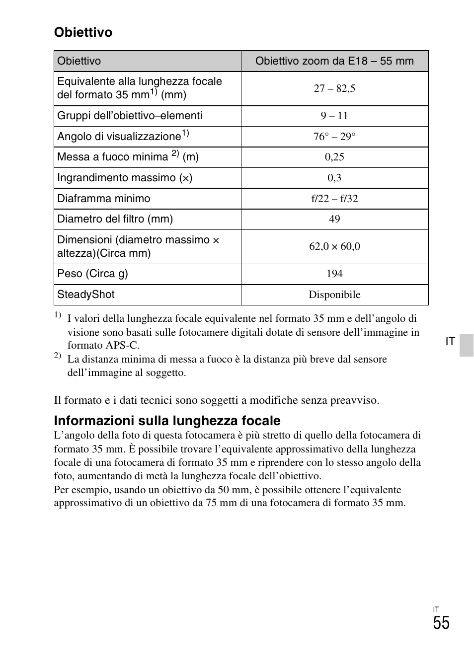 Obiettivo, Informazioni sulla lunghezza focale | Sony ILCE-3000 User Manual | Page 281 / 579