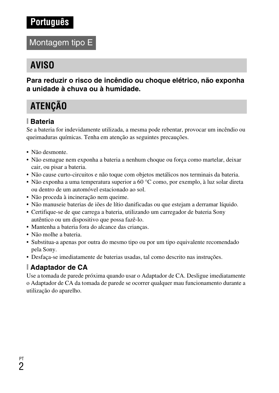 Português, Aviso atenção, Montagem tipo e | Sony ILCE-3000 User Manual | Page 284 / 579