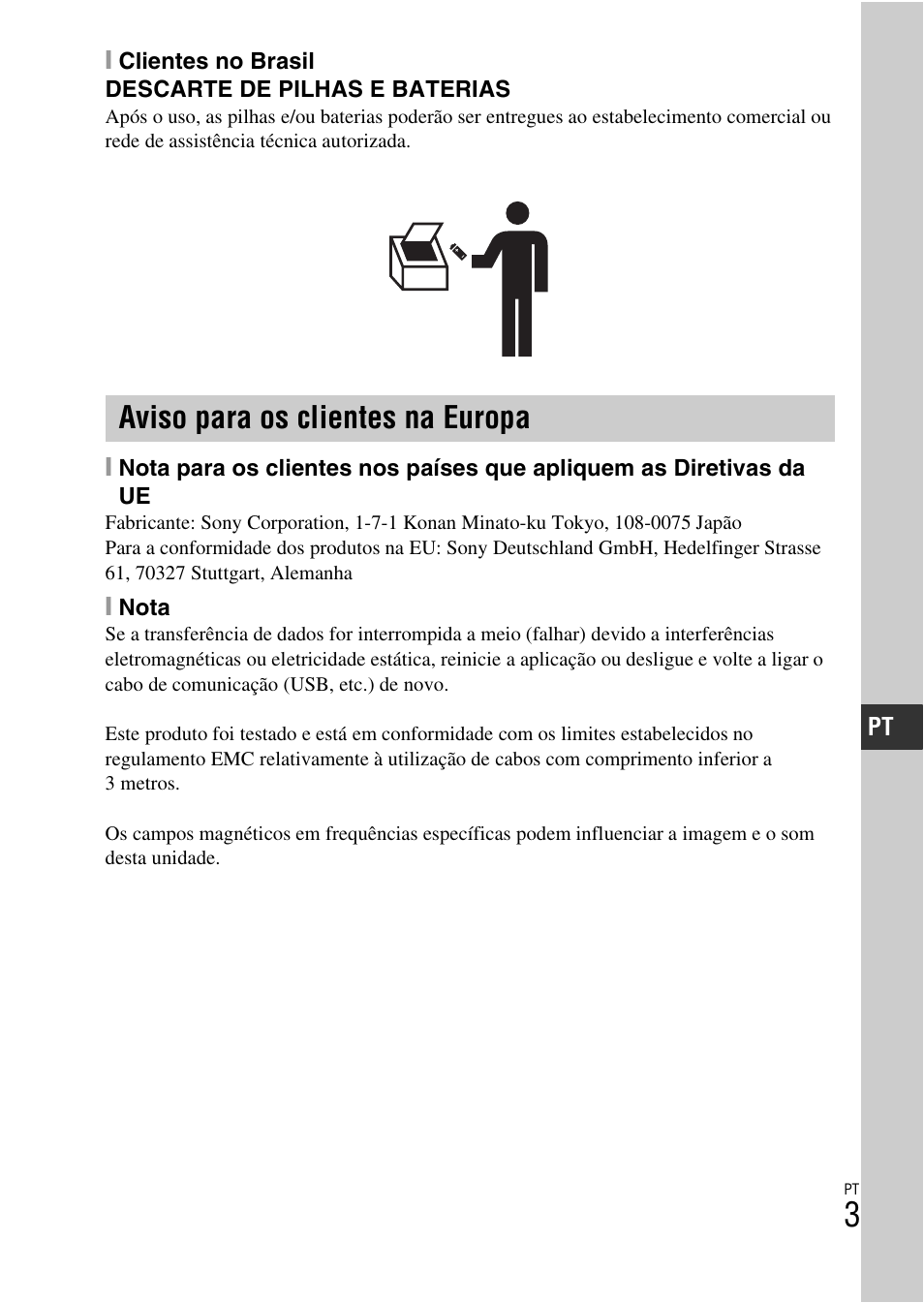 Aviso para os clientes na europa | Sony ILCE-3000 User Manual | Page 285 / 579