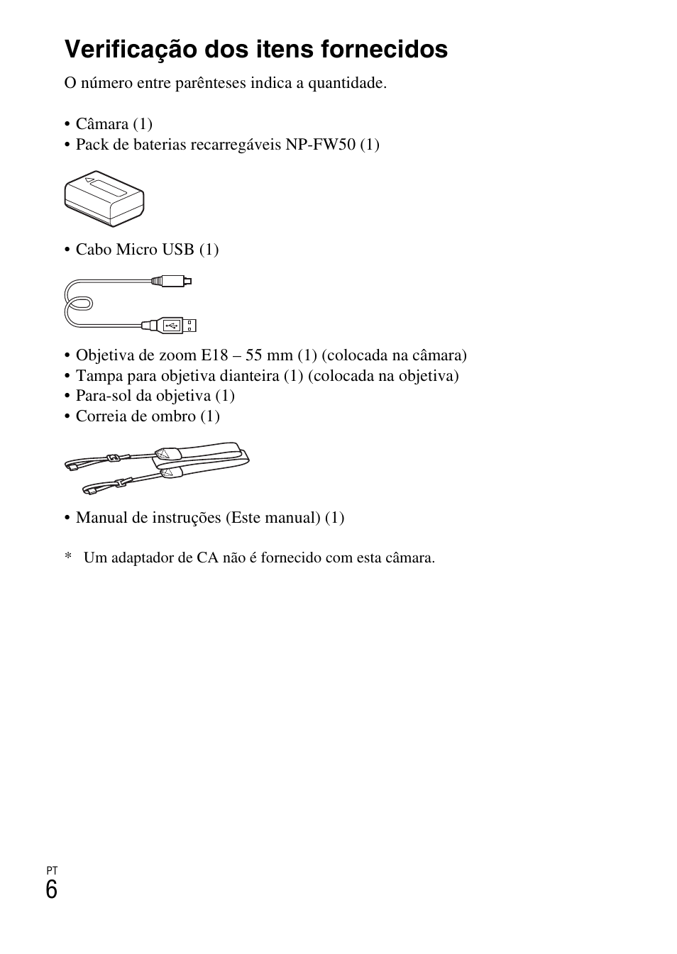 Preparar a câmara, Verificação dos itens fornecidos | Sony ILCE-3000 User Manual | Page 288 / 579