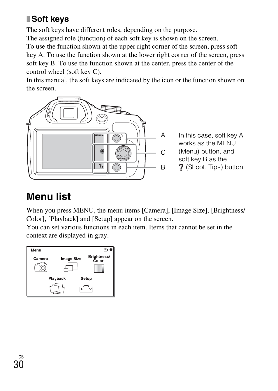 Menu list, Y a (30), Xsoft keys | Sony ILCE-3000 User Manual | Page 30 / 579