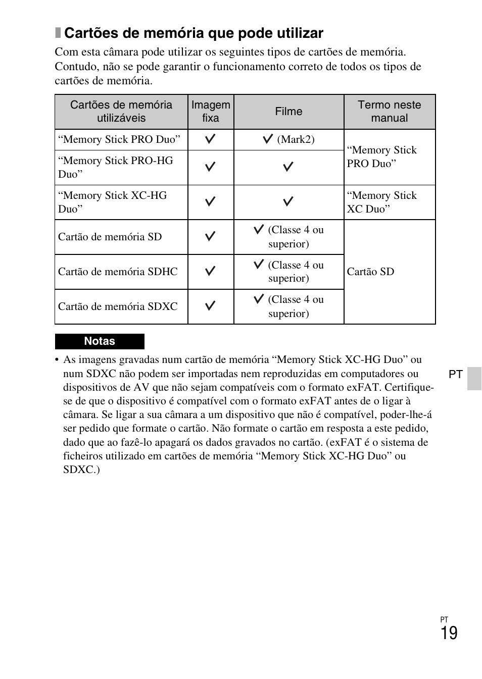 Xcartões de memória que pode utilizar | Sony ILCE-3000 User Manual | Page 301 / 579