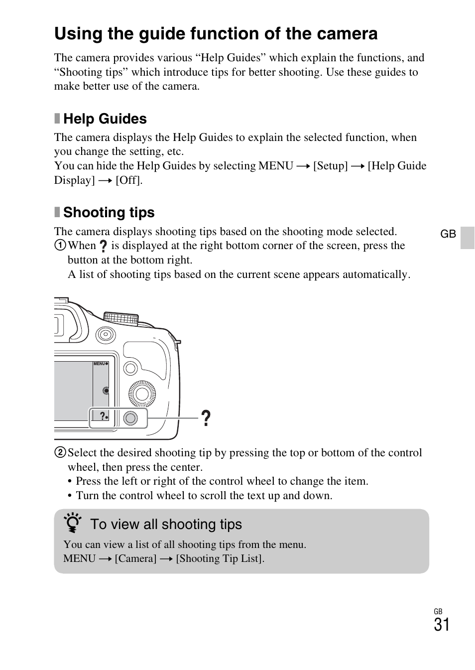 Using the guide function of the camera | Sony ILCE-3000 User Manual | Page 31 / 579